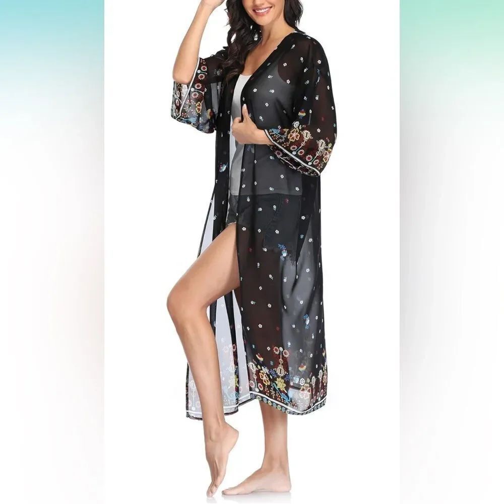 Floral Sheer Black Kimono Robe